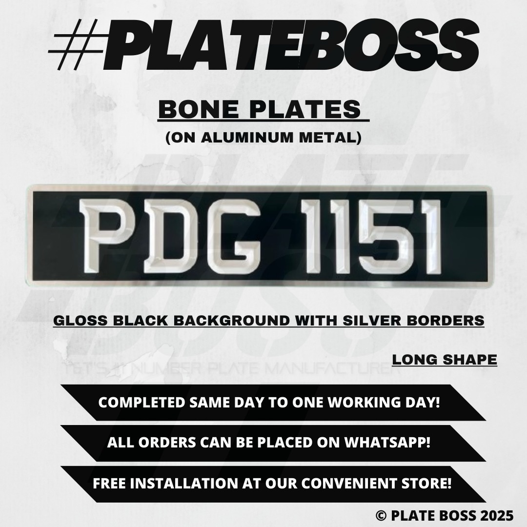 Gloss Black Background with Silver Borders (Regular Bone Plate on Aluminum Metal) - PAIR