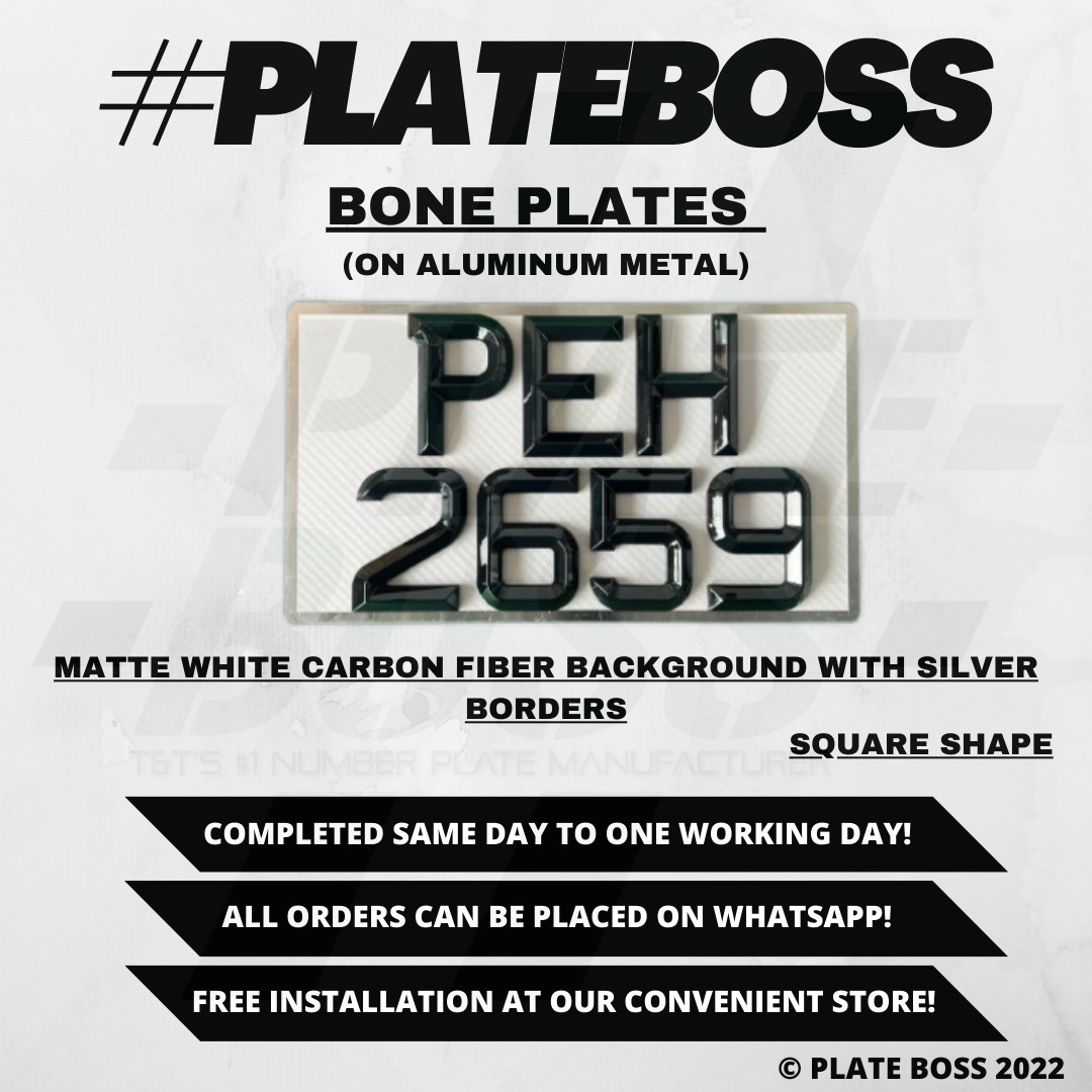 Matte White Carbon Fiber Background with Silver Borders (Regular Bone Plate on Aluminum Metal) - PAIR