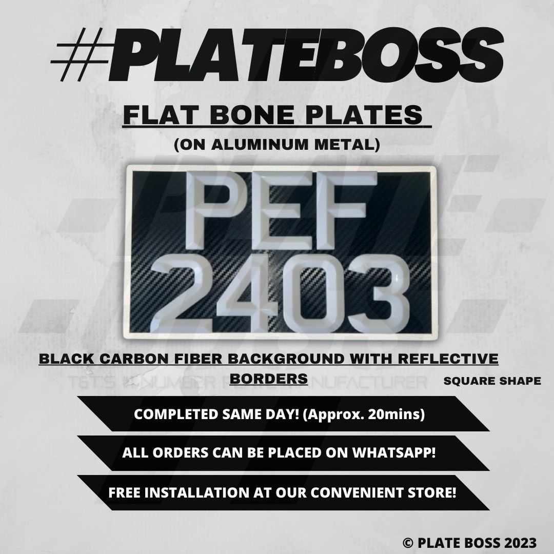 Black Carbon Fiber with Reflective White Borders (Flat Bone on Aluminum Metal) - PAIR